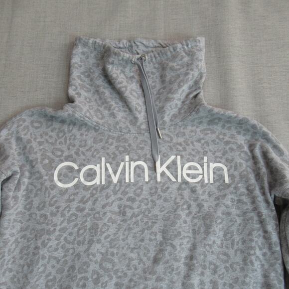 Calvin Klein Sweatshirt Womens Size M Gray Leopard Print Fleece Mock Neck Logo - Picture 3 of 10